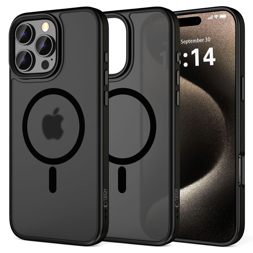 Telefontok iPhone 16 Pro - Tech-Protect Magmat MagSafe kompatibilis áttetsző műanyag hátlap tok, fekete szilikon kerettel
