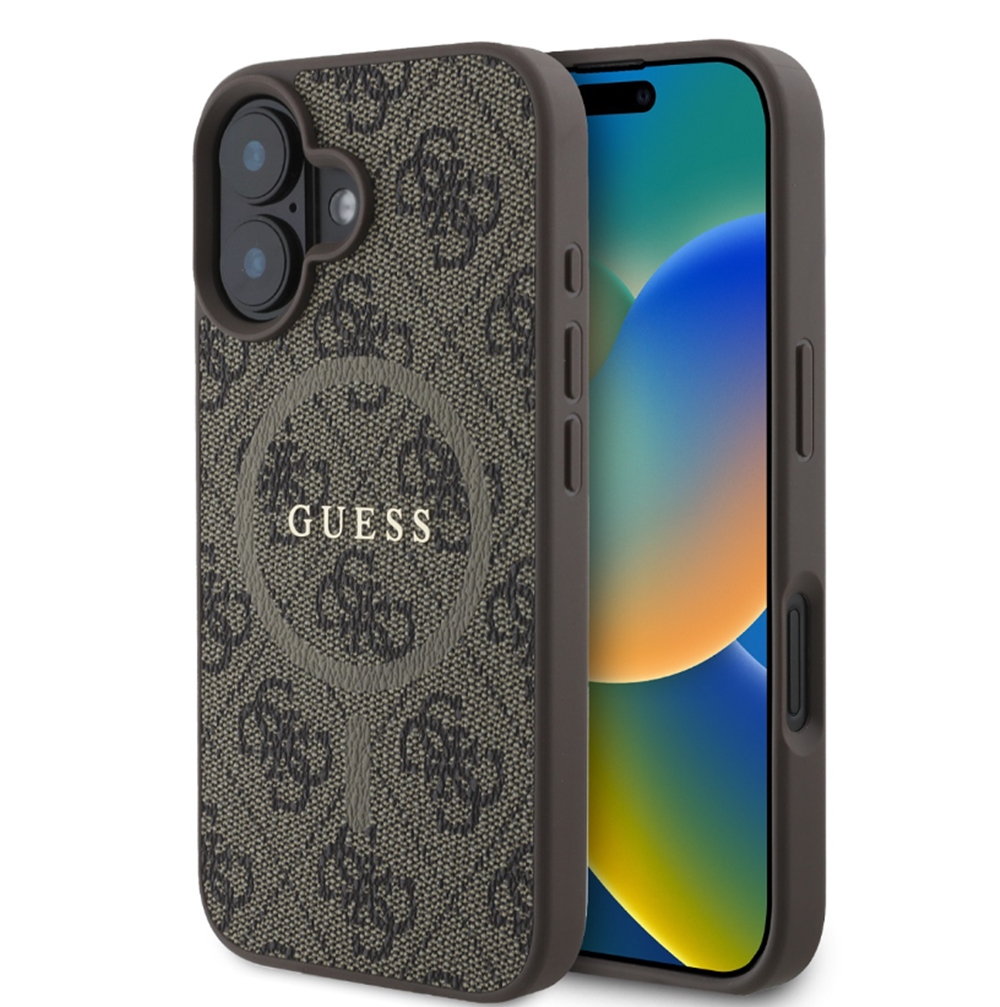 iPhone 16 telefontok - Guess Leather 4G Colored - MagSafe kompatibilis barna hátlap tok