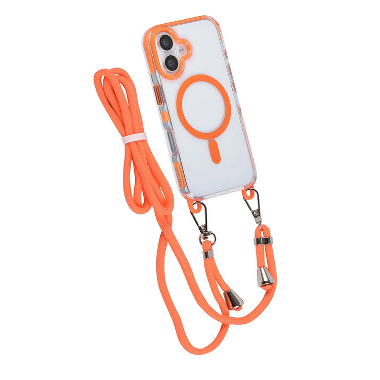 Telefontok iPhone 16 Plus - MagSafe kompatibilis átlátszó/narancs nyakbaakasztós hátlap tok