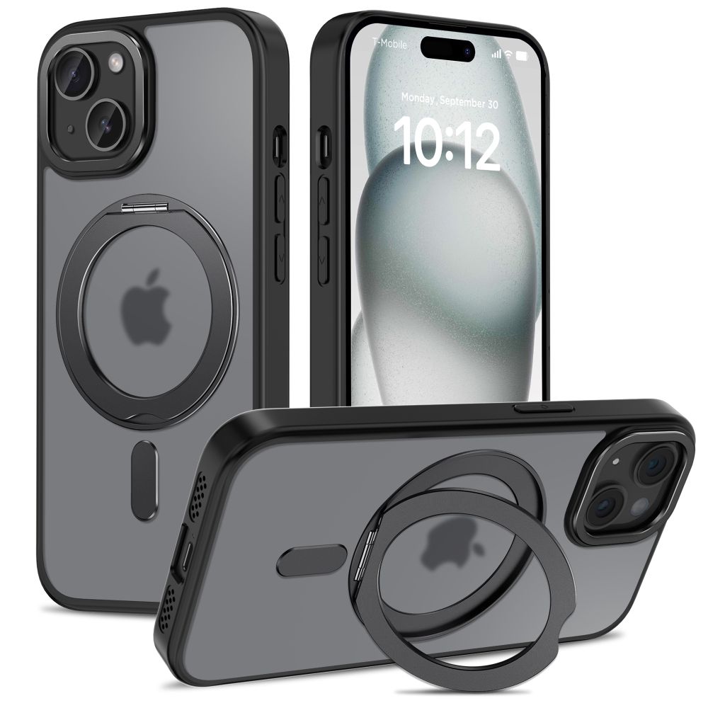 Telefontok iPhone 15 - MagSafe kompatibilis áttetsző műanyag hátlap tok, kitámasztható gyűrűvel, fekete szilikon kerettel