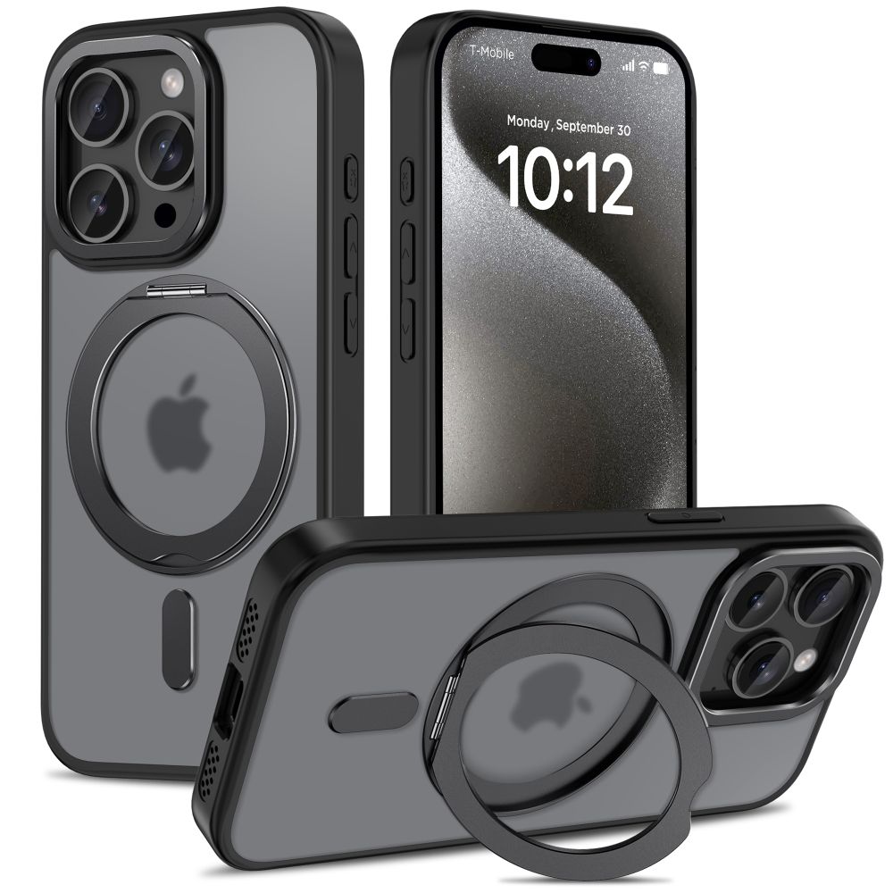 Telefontok iPhone 15 Pro - MagSafe kompatibilis áttetsző műanyag hátlap tok, kitámasztható gyűrűvel, fekete szilikon kerettel
