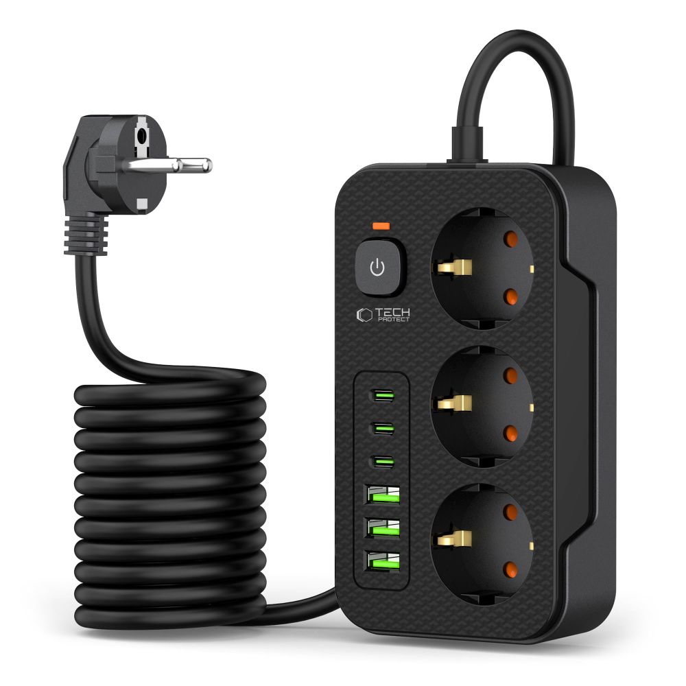 Tech- Protect PC3X6 hálózati töltő - 3 USB / 3 Type-C / 3 dugalj - univerzális hálózati töltő, fekete, 3,1A