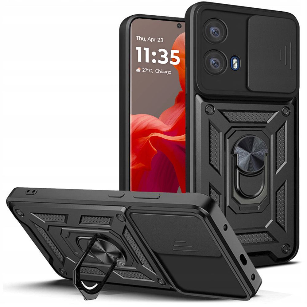 Telefontok Motorola Moto G85 5G - Camshield - fekete szilikon tok, kitámasztó ujjgyűrűvel, csúsztatható kameravédővel