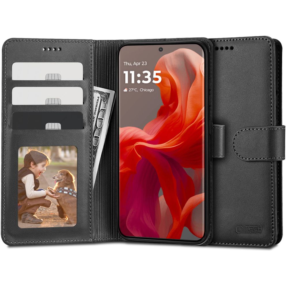 Telefontok Motorola Moto G85 5G - fekete ráhajtófüles bőr könyvtok 