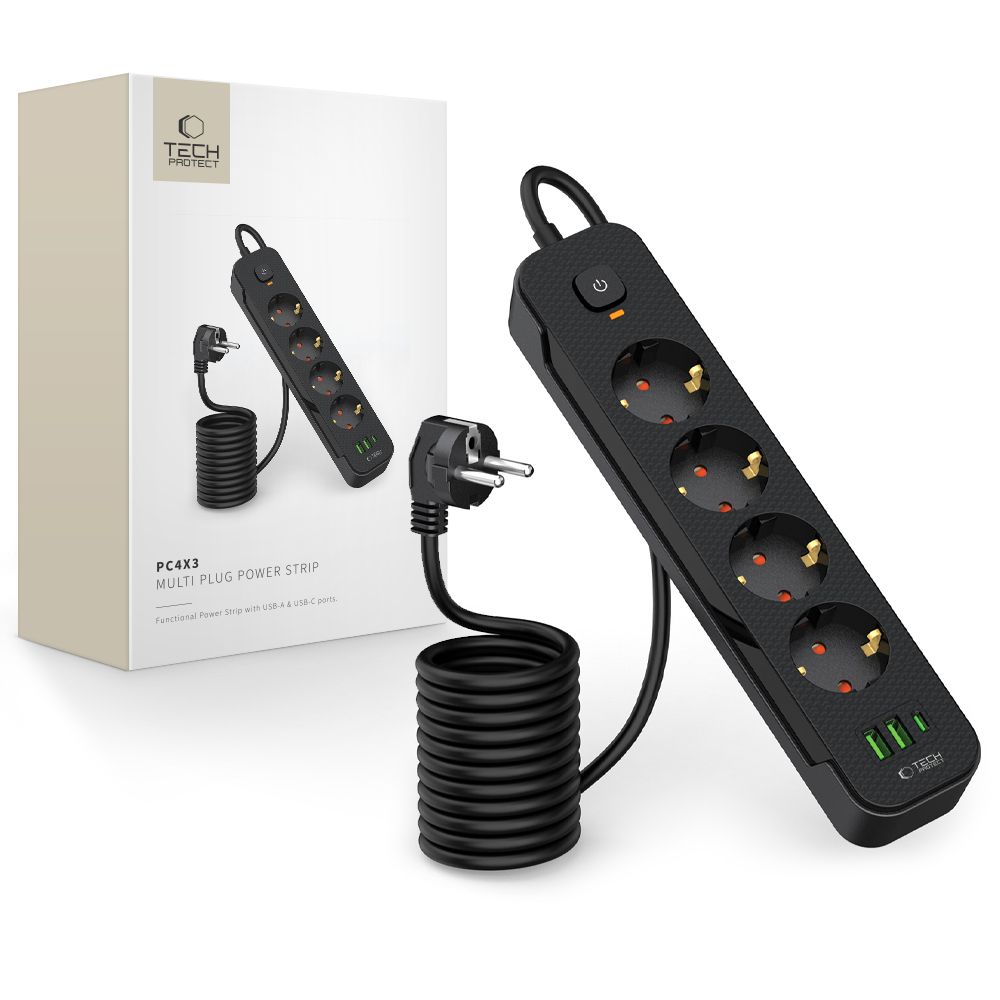 Hálózati töltő: Tech- Protect PCL4X6 - 2 USB / 1 Type-C / 4 dugalj - univerzális hálózati töltő, fekete, 200 cm