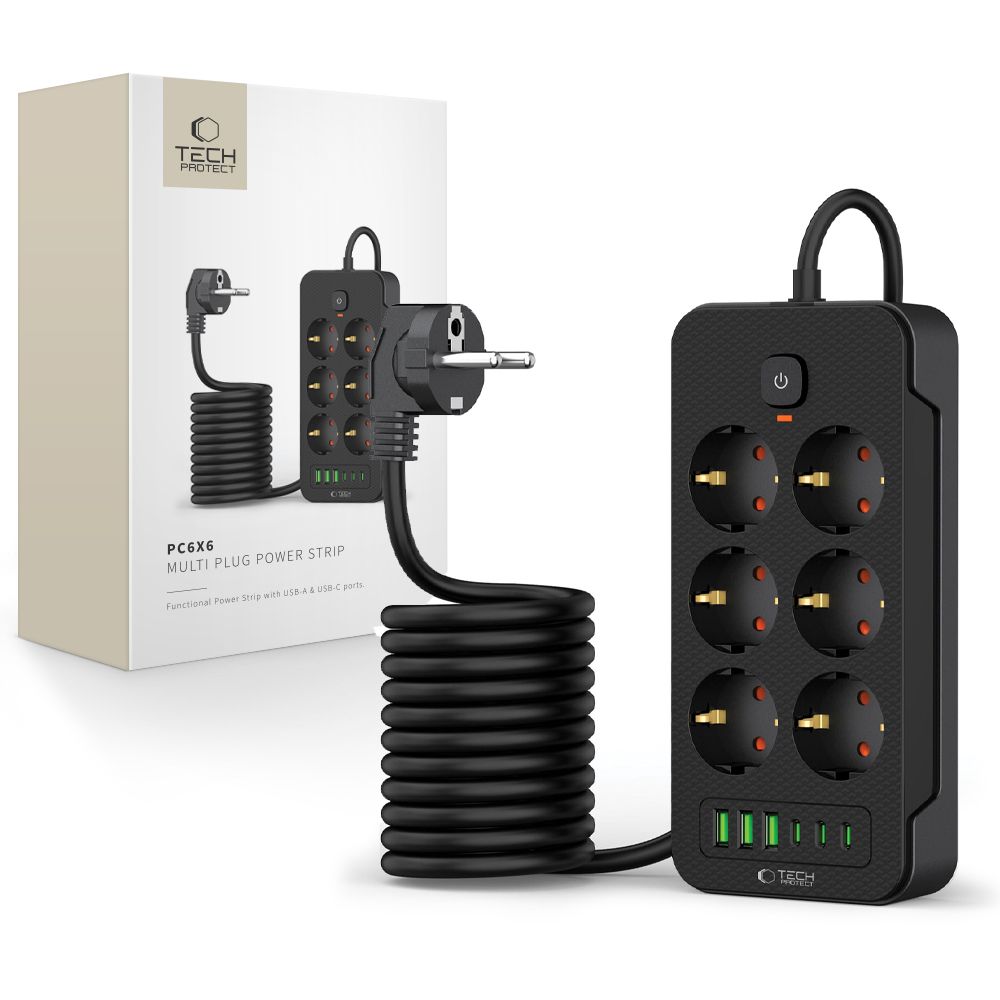 Hálózati töltő: Tech- Protect PC6X6 - 3 USB / 3 Type-C / 6 dugalj - univerzális hálózati töltő, fekete, 200cm