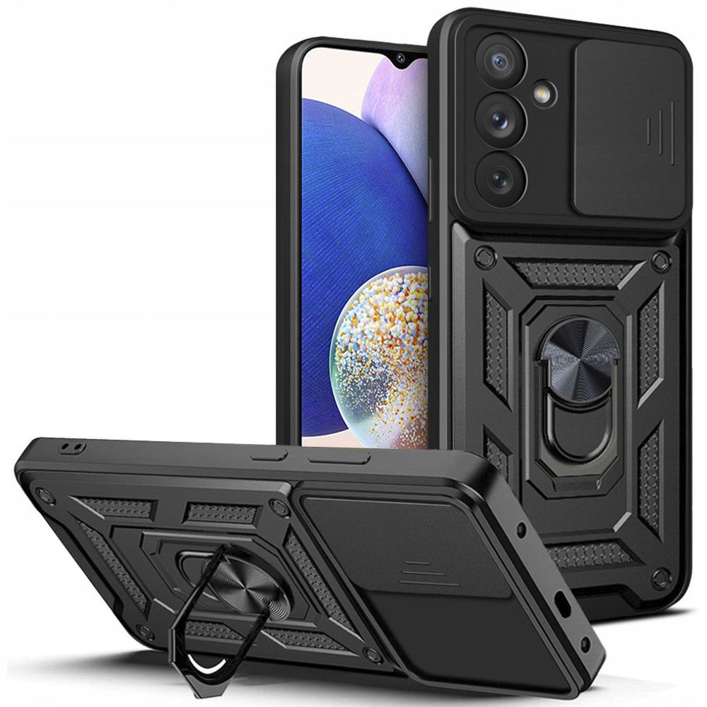Samsung Galaxy A16 5G Telefontok - Camshield - fekete szilikon tok, kitámasztó ujjgyűrűvel, csúsztatható kameravédővel