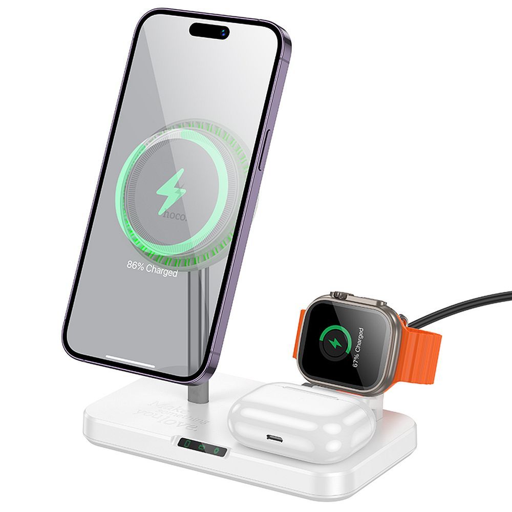 HOCO CQ12 telefon töltő - 3in1 fehér vezeték nélküli (Wireless) töltőpad - Apple telefon, headset és okosóra