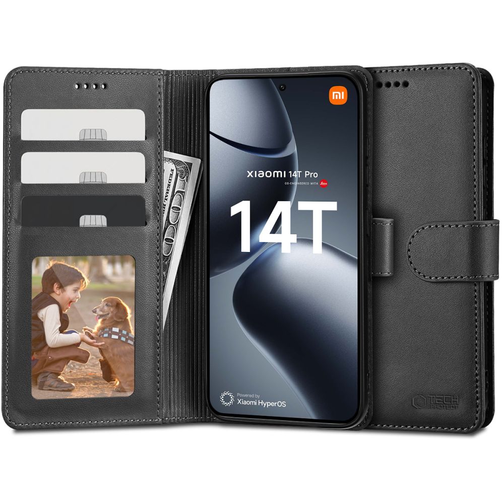 Xiaomi 14T Pro 5G telefontok - Tech- Protect Wallet - fekete bőr könyvtok, ráhajtófüllel ﻿