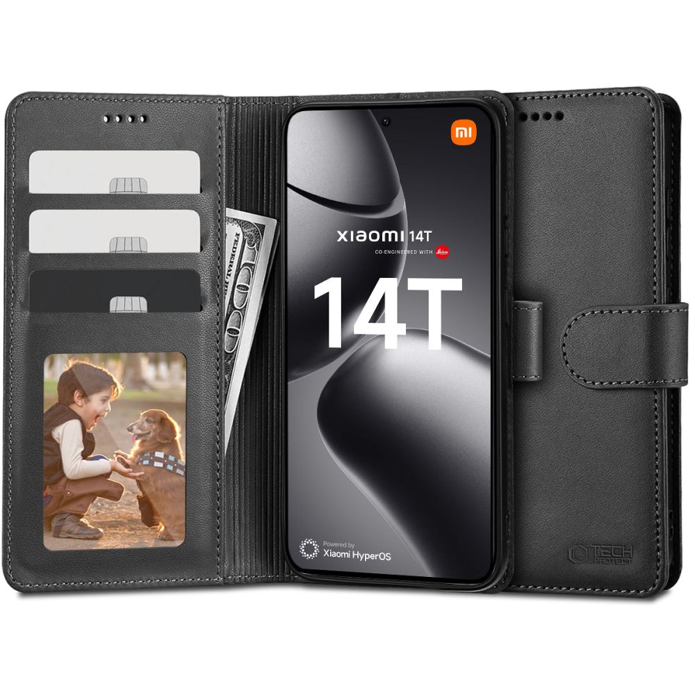 Xiaomi 14T telefontok - Tech- Protect Wallet - fekete bőr könyvtok, ráhajtófüllel