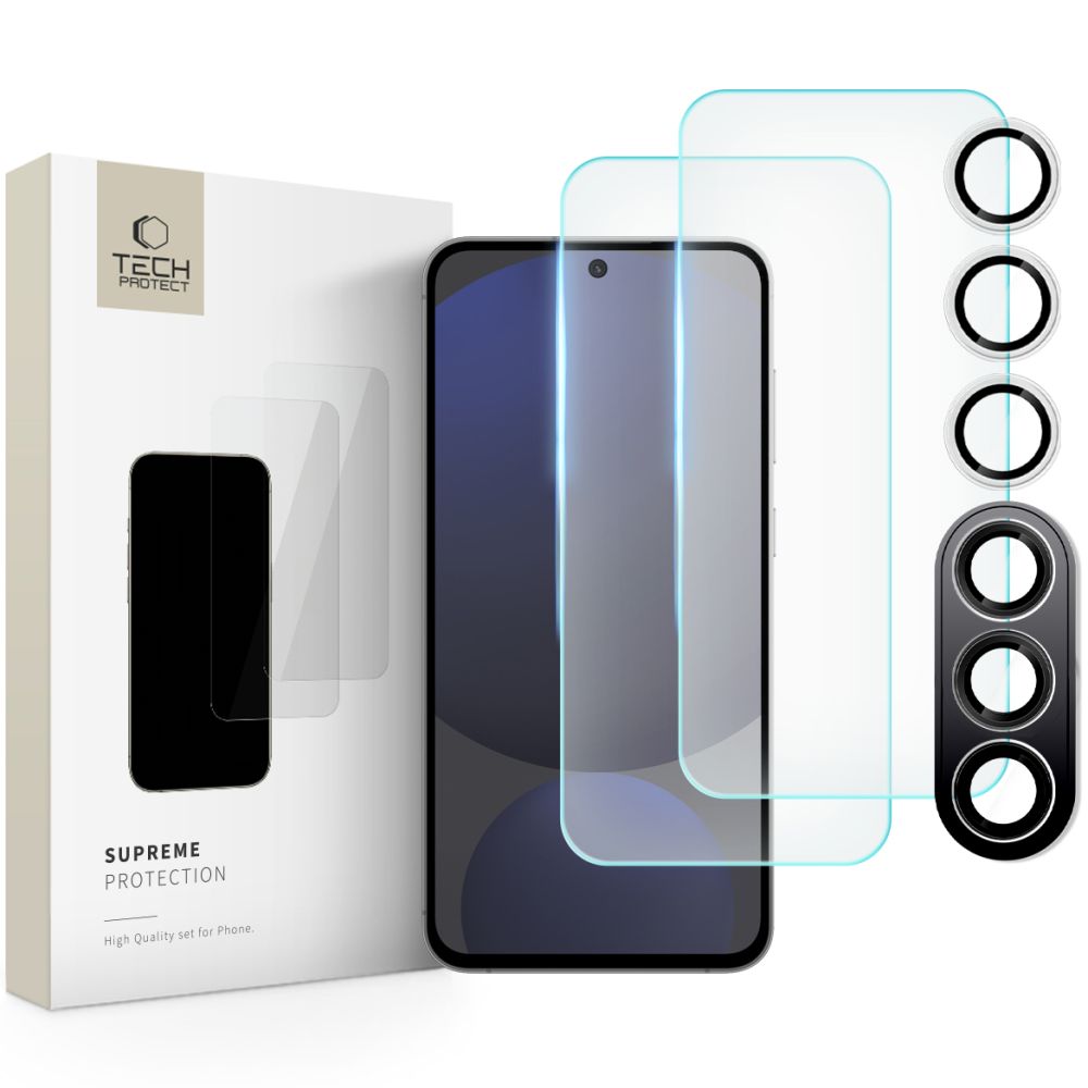 Üvegfólia Samsung Galaxy S24 FE - TECH-PROTECT Supreme - 2 db üvegfólia + 1db fekete keretes kamera védőkeret