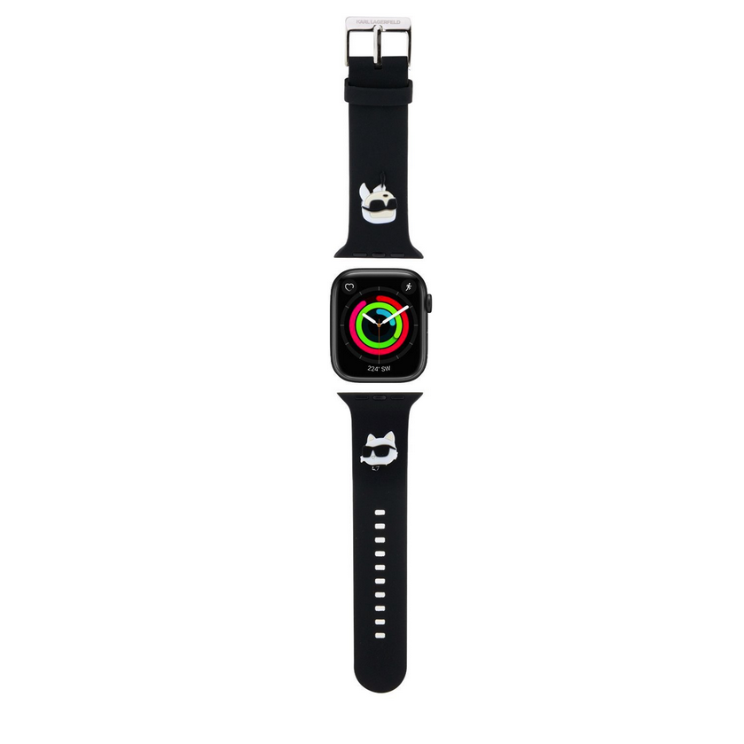 Apple Watch 6/7/8/9/10/SE/ULTRA 1/2 (42 / 44 / 45 / 46 / 49 mm) okosóra szíj - Karl Lagerfeld Karl and Choupette Head NFT - fekete szilikon szíj