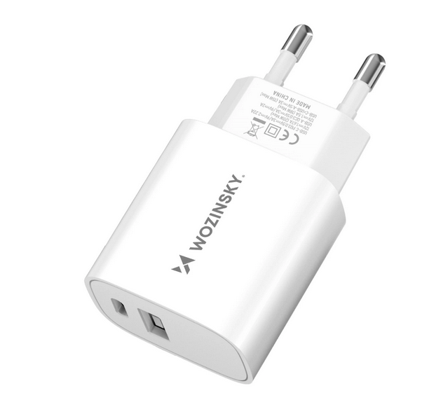 Telefon töltő: Wozinsky WGWCW - USB / Type-C (USB-C) portos fehér hálózati gyors töltőfej, 20W