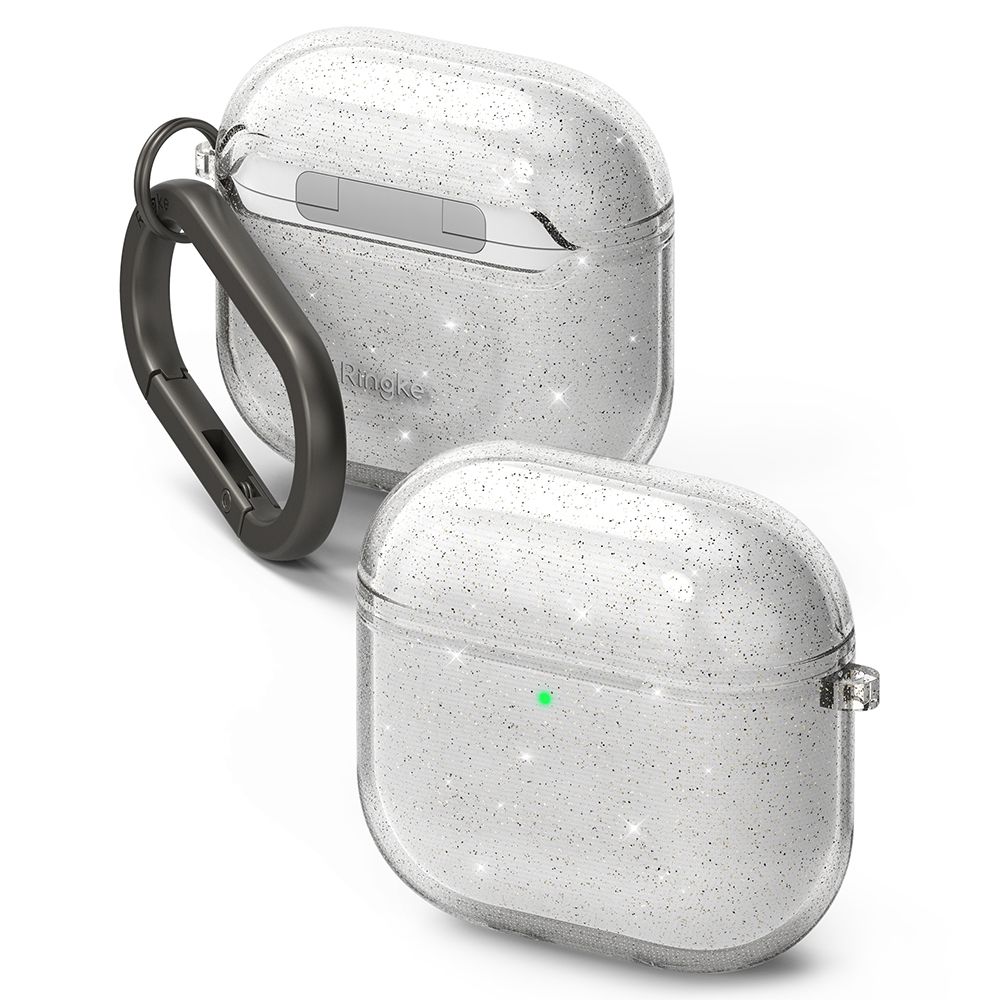 AirPods 4 tartó: RINGKE AIR GLITTER átlátszó tok, karabinerrel