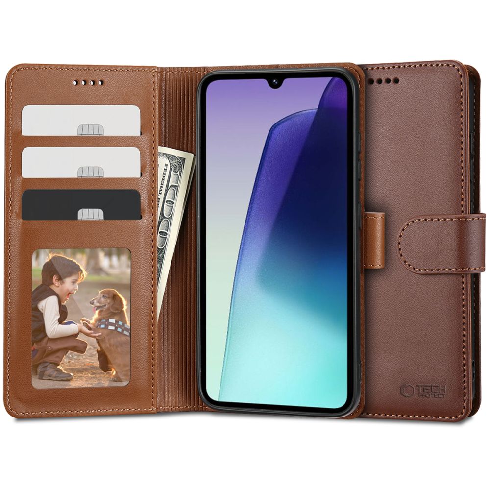 Telefontok Xiaomi Redmi 14C - Tech- Protect Wallet - barna bőr könyvtok, ráhajtófüllel ﻿