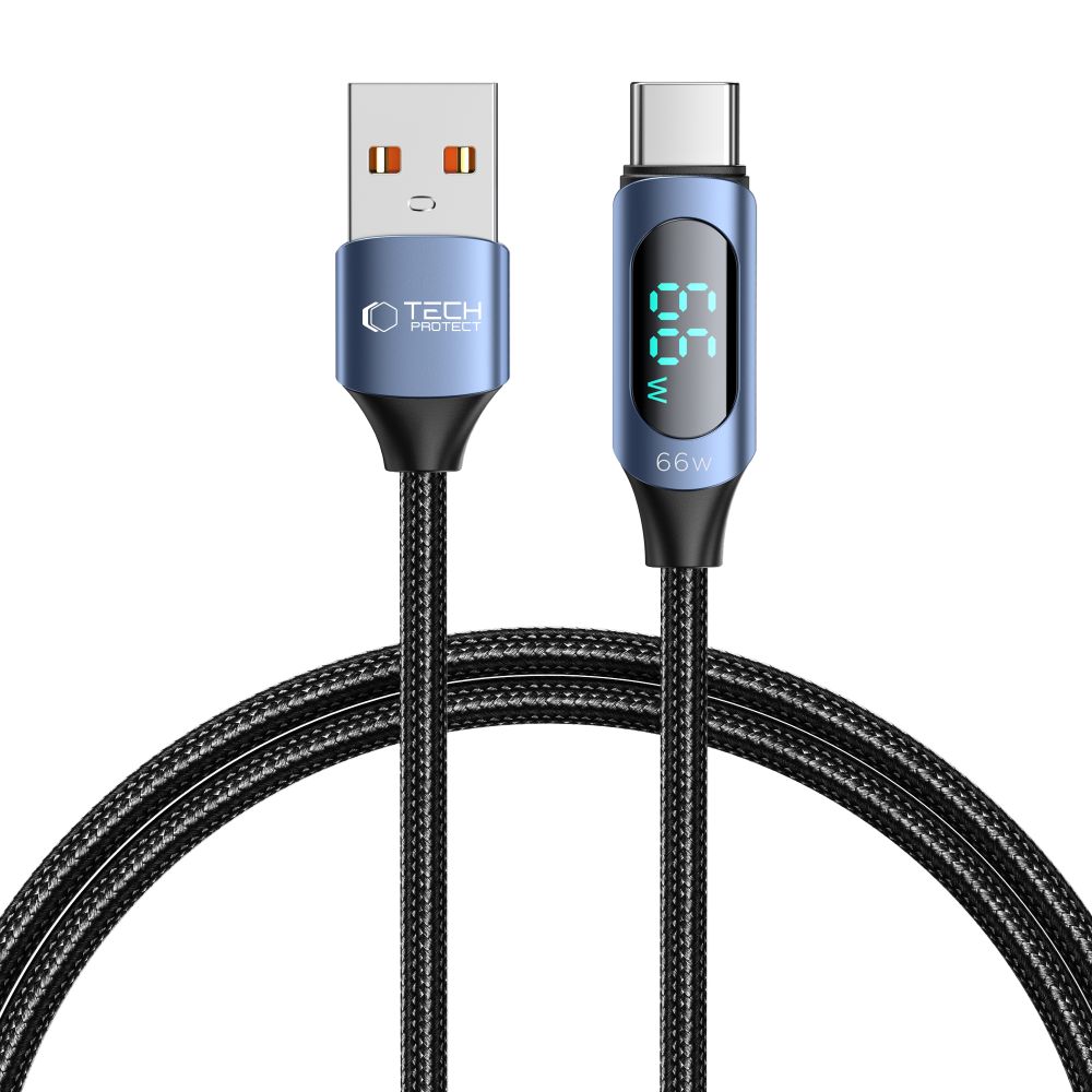 TECH-PROTECT Ultraboost kábel - USB / Lightning fekete szövet gyorstöltő kábel, kijelzővel 1m, 6A/66W
