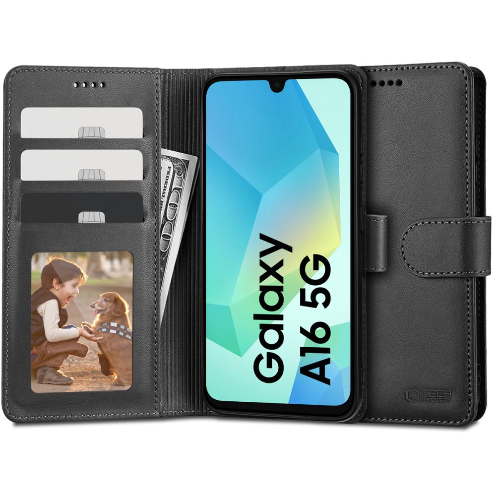 Samsung Galaxy A16 5G Telefontok - fekete ráhajtófüles bőr könyvtok