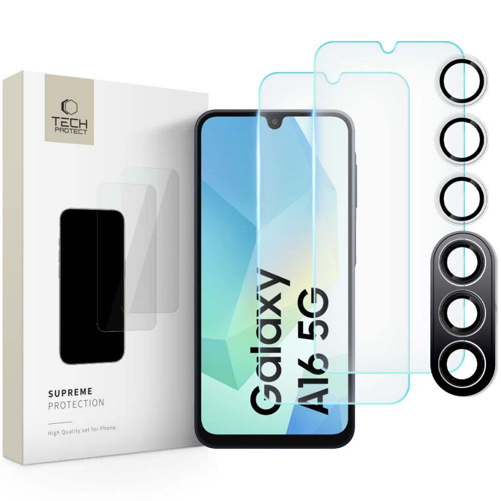 Üvegfólia Samsung Galaxy A16 5G - TECH-PROTECT Supreme - 2 db üvegfólia + 1db fekete keretes kamera védőkeret