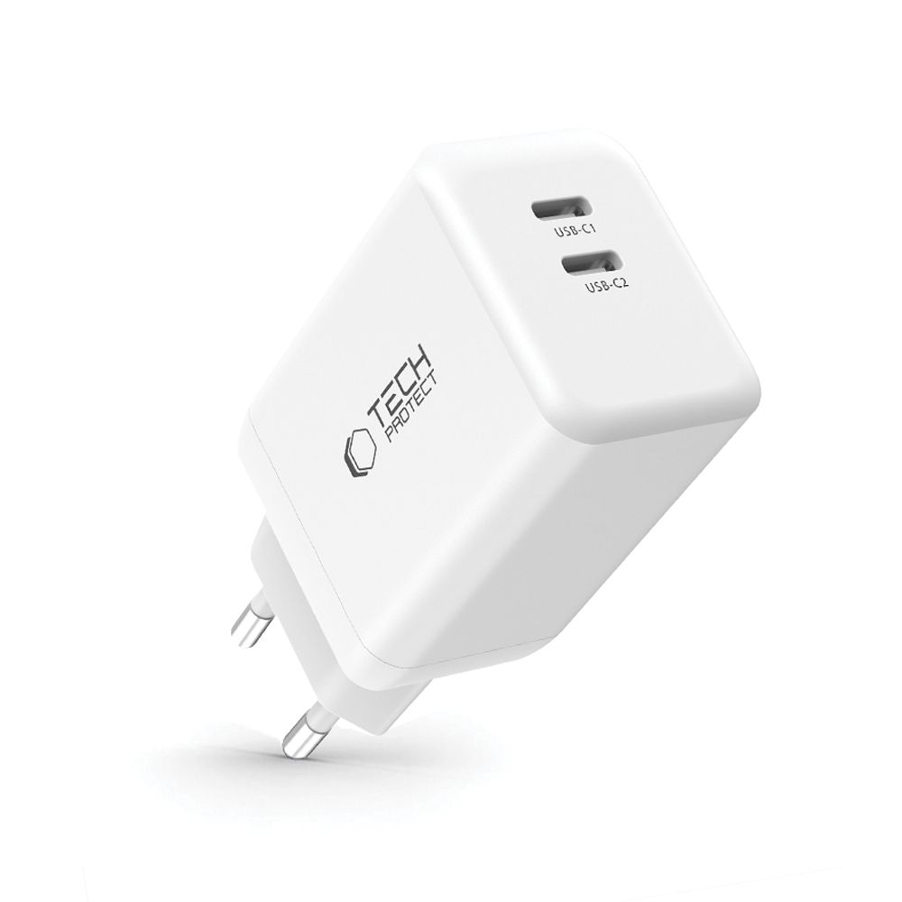 Tech- Protect NC45W telefon töltő - 2x Type-C (USB-C) portos, fehér hálózati töltőfej, 45W ﻿