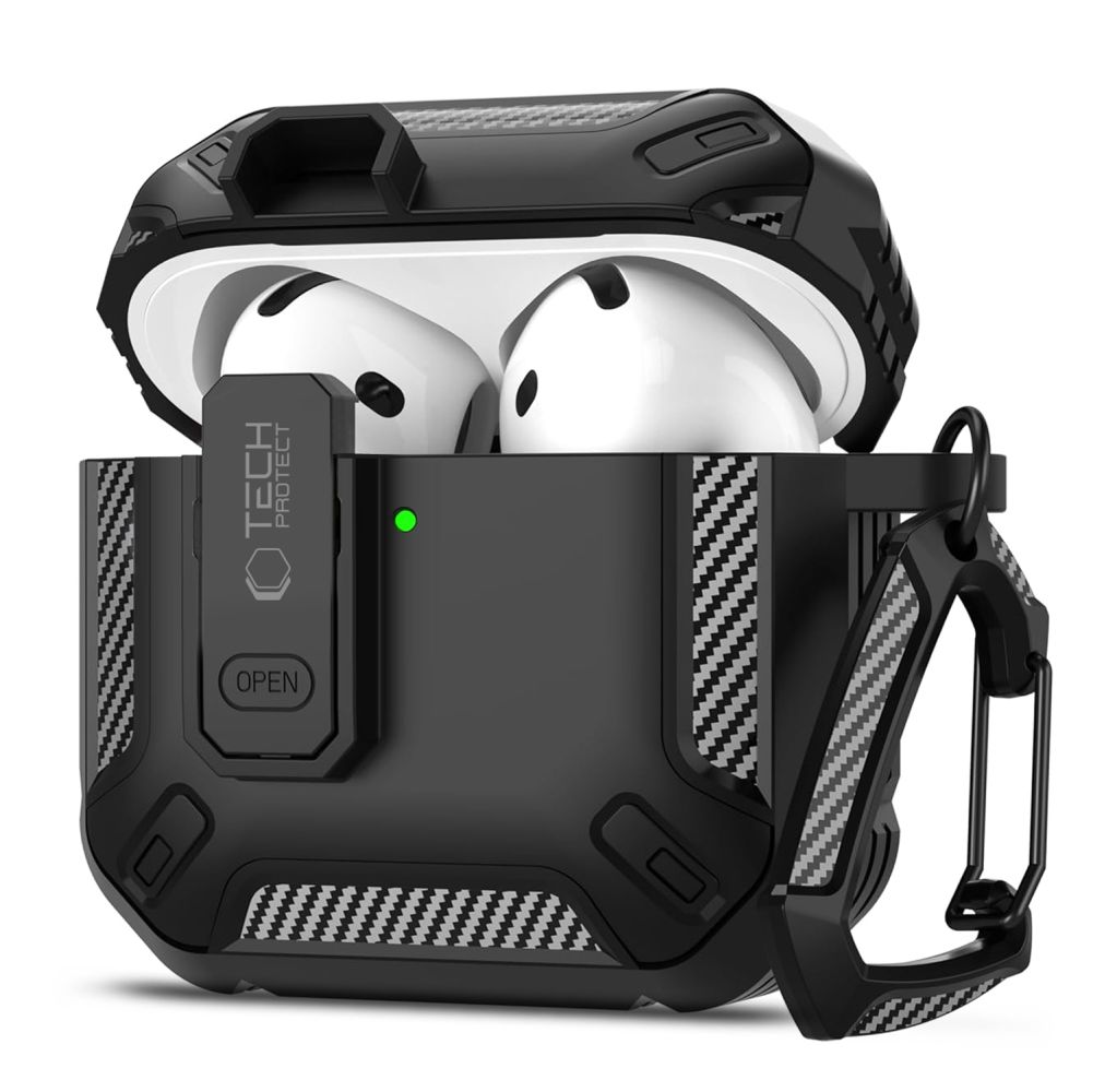 Airpods 4 tartó: TECH-PROTECT CARBONOX AirPods 4 tartó - fekete ütésálló tok