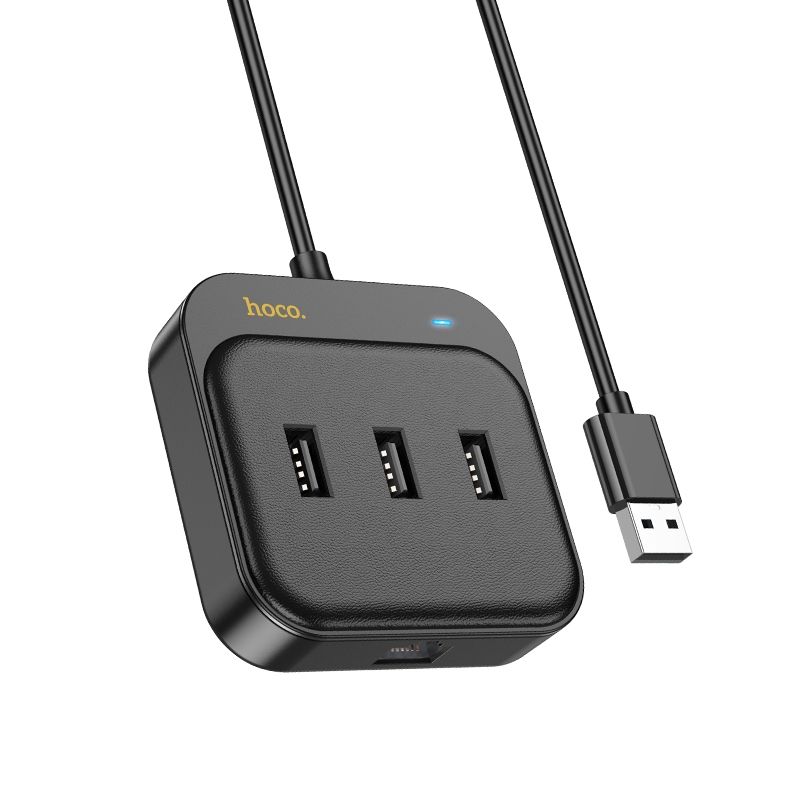 HOCO HB35 HUB adapter - 4in1 porttal, 3 x USB / RJ45, fekete adapter 1,2m USB kábellel