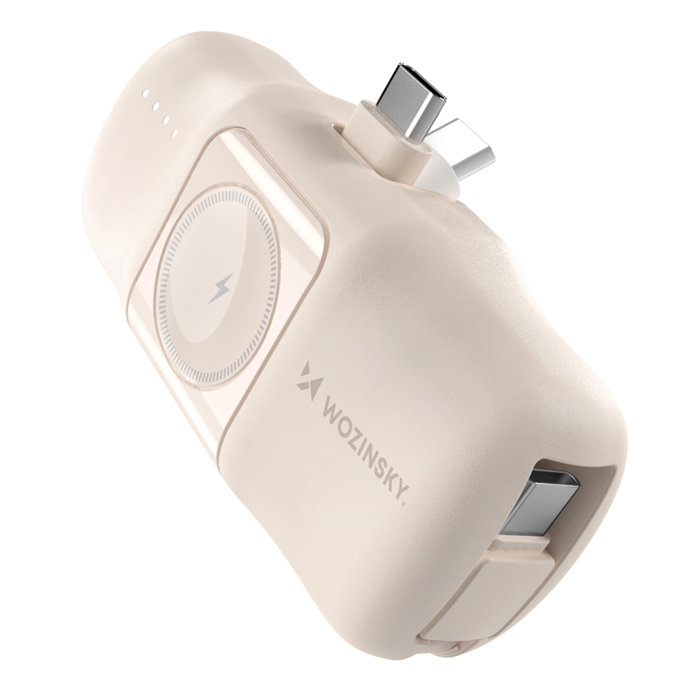 Wozinsky WF16-YCS - bézs powerbank beépített Type-C (USB-C) csatlakozóval, 5000mAh + beépített Type-C (USB-C) kábellel + Apple Watch töltő ﻿