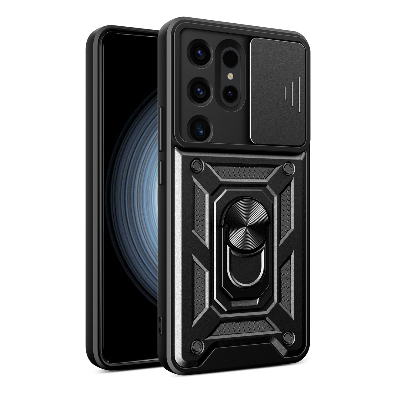 Samsung Galaxy S25 Ultra telefontok - Camshield - fekete szilikon tok, kitámasztó ujjgyűrűvel, csúsztatható kameravédővel