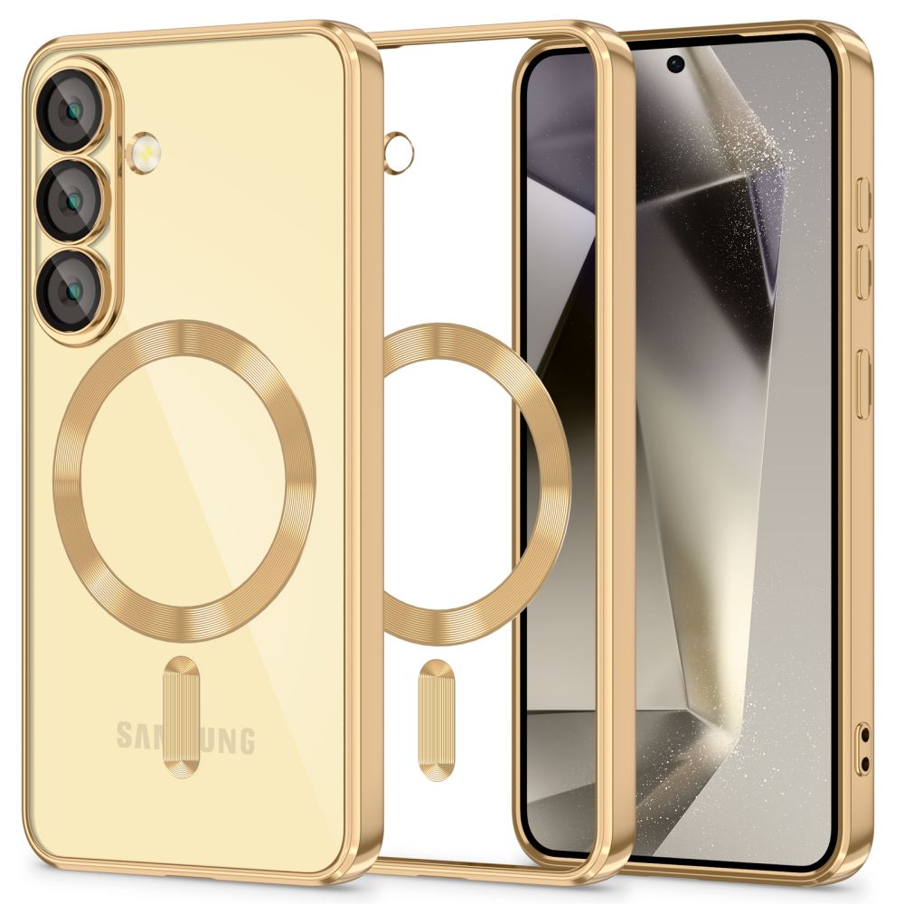 Telefontok Samsung Galaxy S25+ (S25 Plus) - Tech-Protect Magflex - MagSafe kompatibilis átlátszó hátlap tok, arany szilikon kerettel