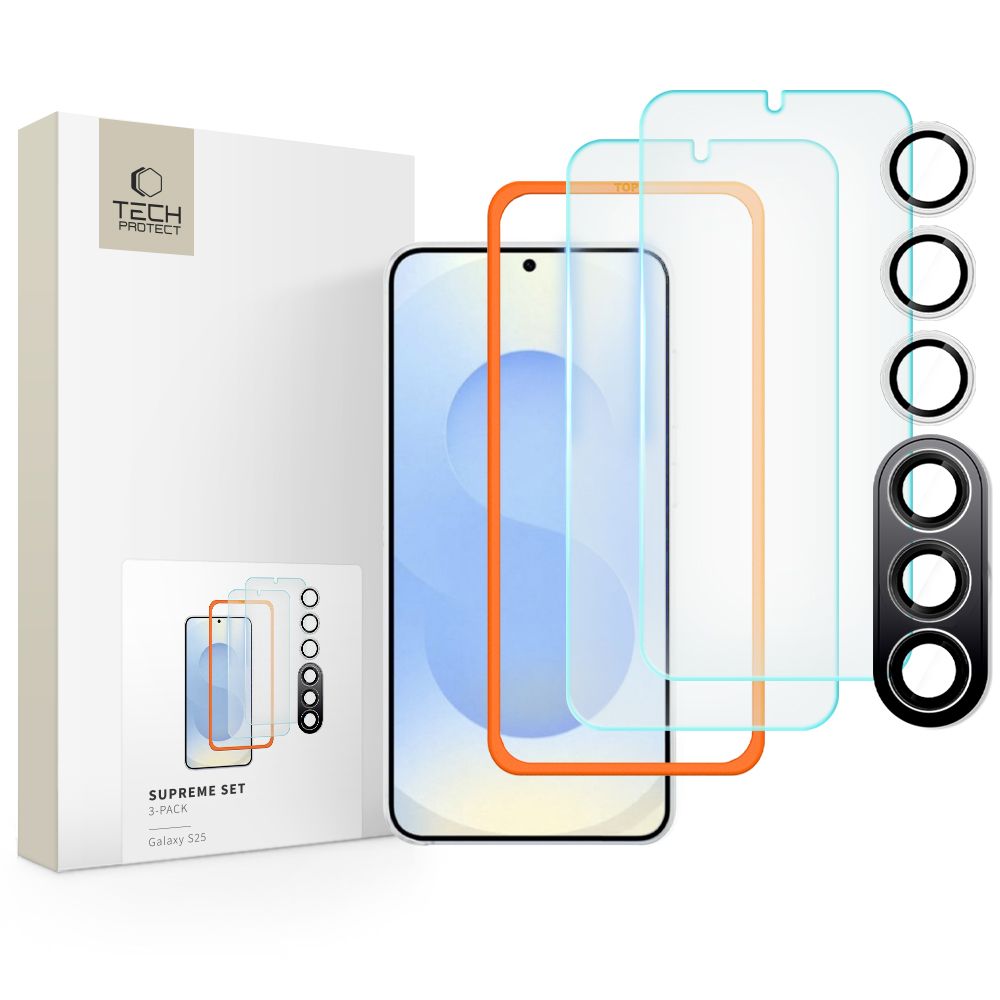 Üvegfólia Samsung Galaxy S25 - TECH-PROTECT Supreme - 2 db üvegfólia + 1db fekete keretes kamera védőkeret