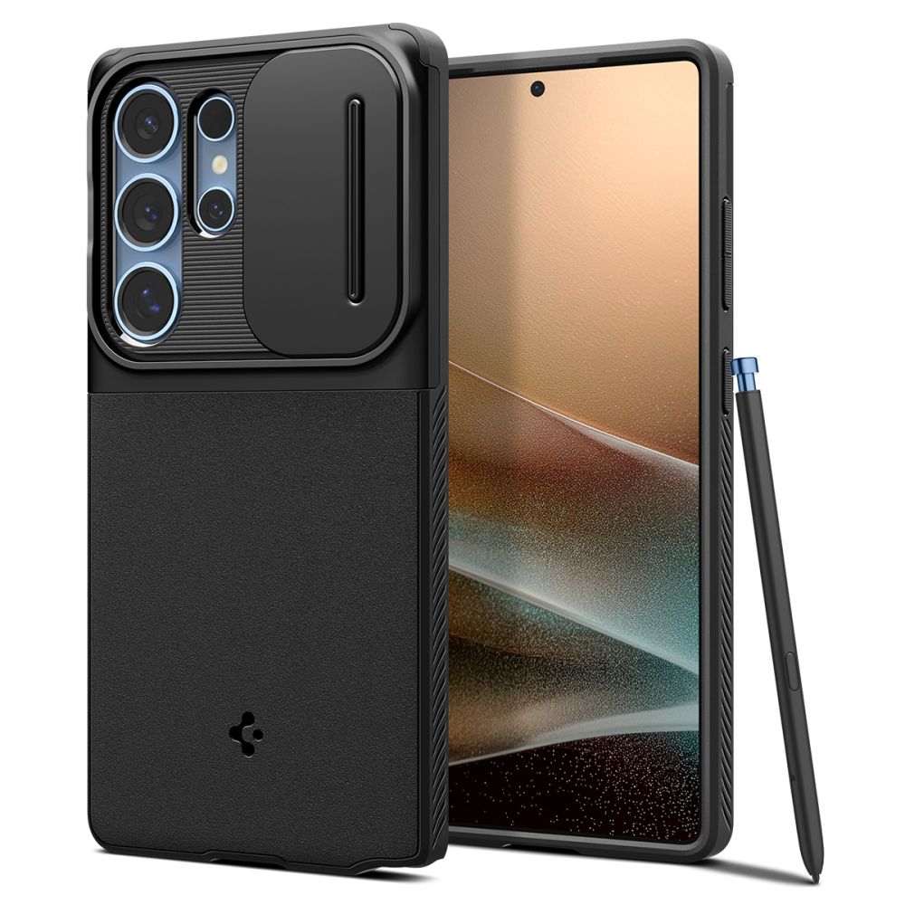 Telefontok Samsung Galaxy S25 Ultra - SPIGEN OPTIK ARMOR csúsztatható kameravédős matt fekete hátlap tok