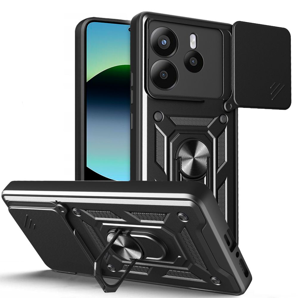 Xiaomi Redmi Note 14 5G telefontok - Camshield - fekete szilikon tok, kitámasztó ujjgyűrűvel, csúsztatható kameravédővel