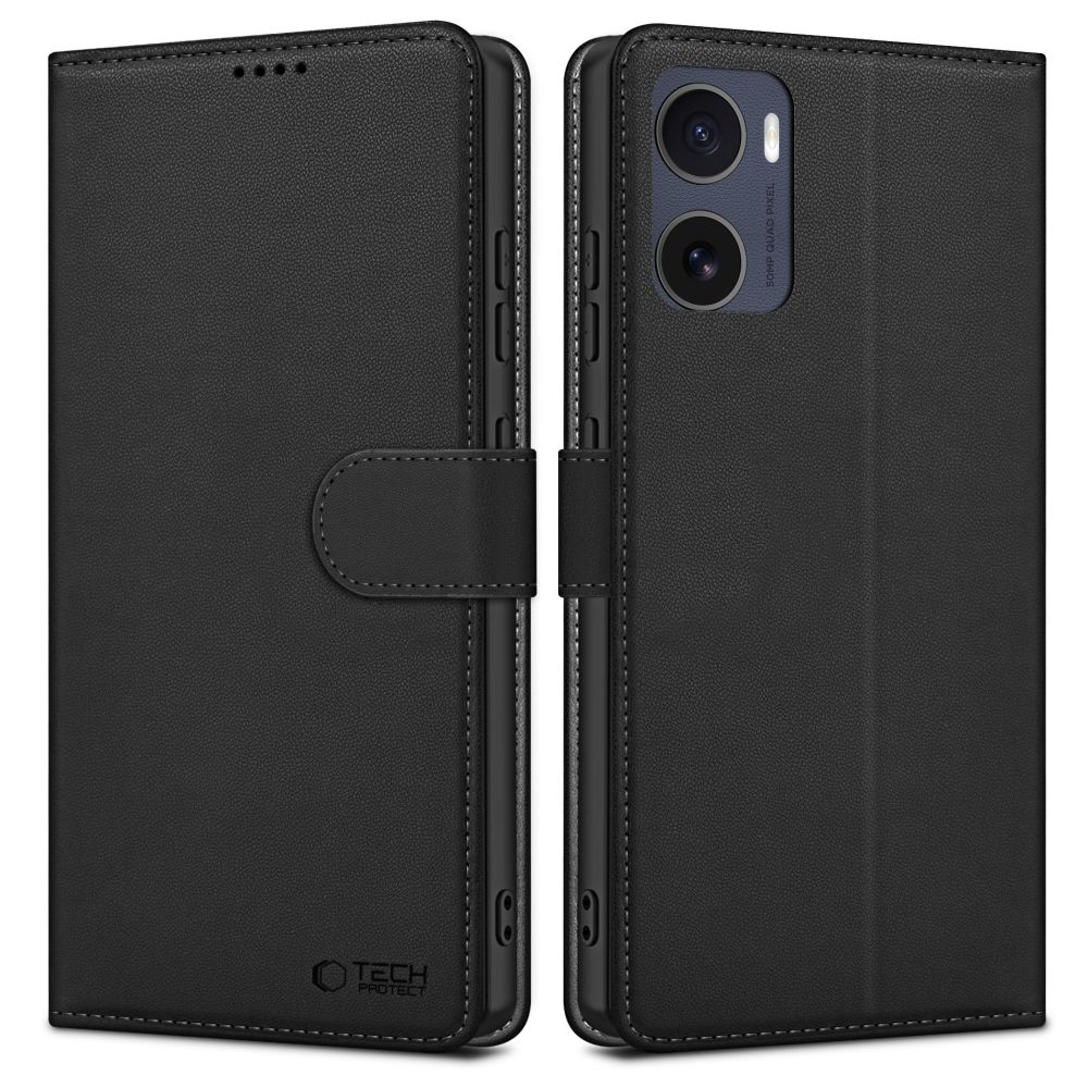 Motorola Moto E15 telefontok - Tech- Protect Wallet - fekete bőr könyvtok, ráhajtófüllel ﻿