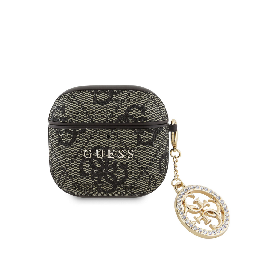 Airpods 4 tartó: Guess Script PC/PU barna Charm tok, medállal