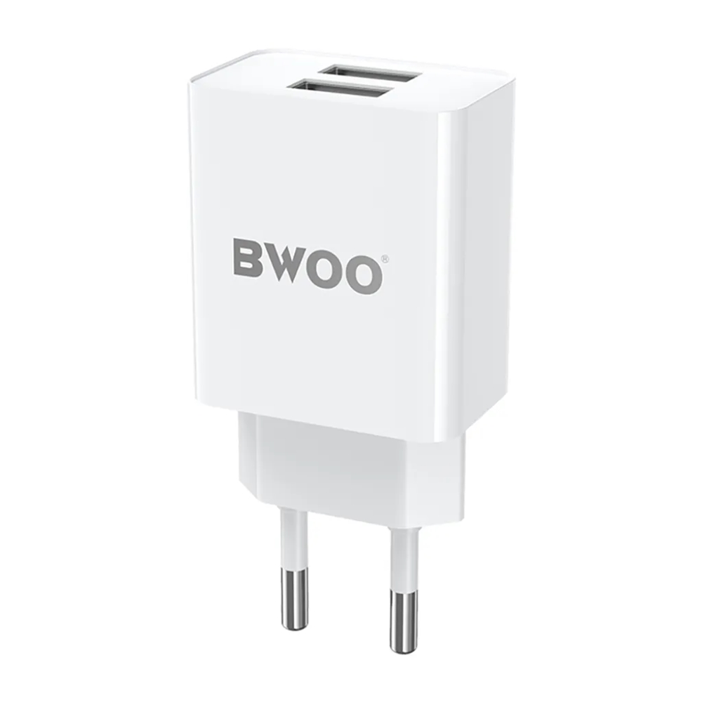 BWOO CDA123 hálózati töltő - 2xUSB porttal, hálózati töltőfej, fehér, 2,4A