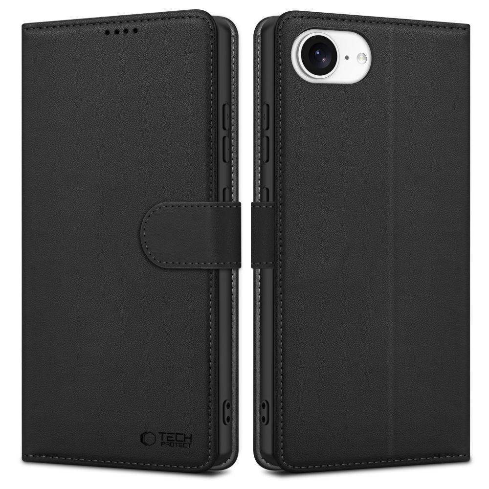 iPhone 16e telefontok - Tech- Protect Wallet - fekete bőr könyvtok, ráhajtófüllel ﻿