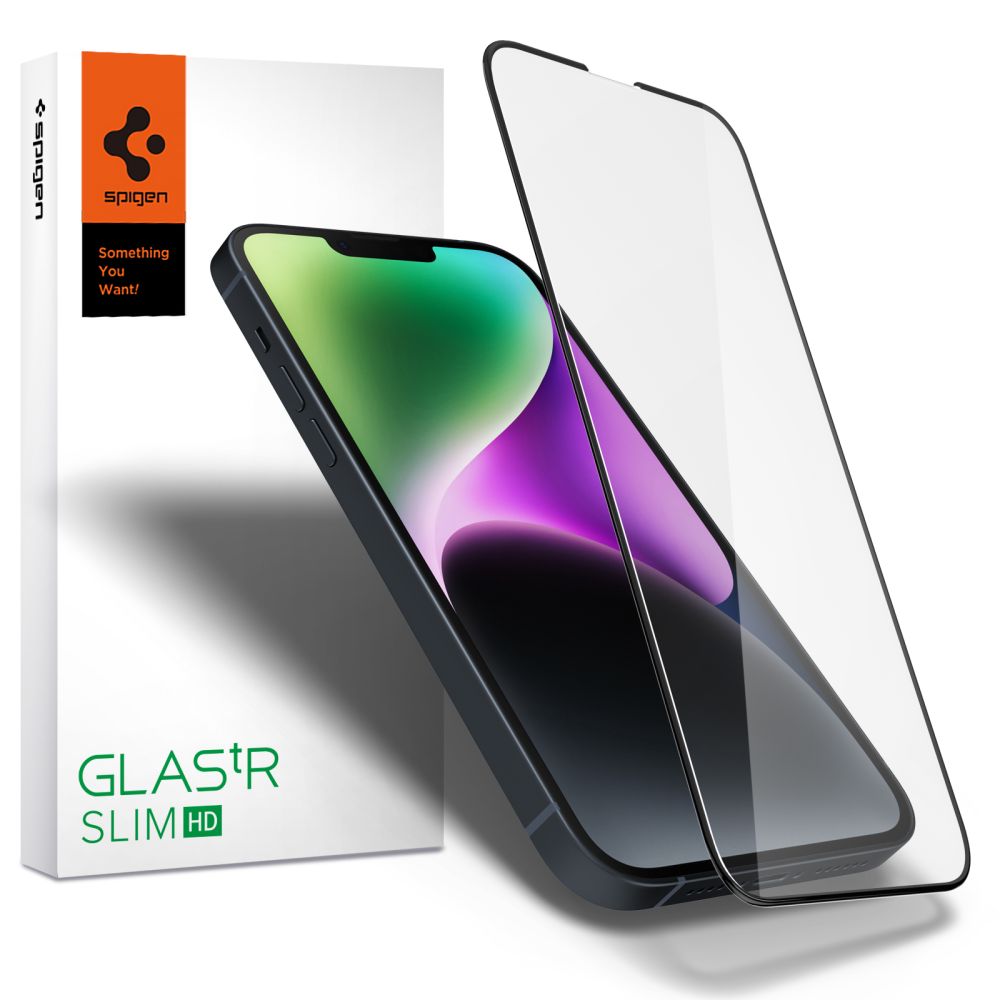 iPhone 14 üvegfólia - Spigen Glas.TR Slim HD - üvegfólia fekete kerettel