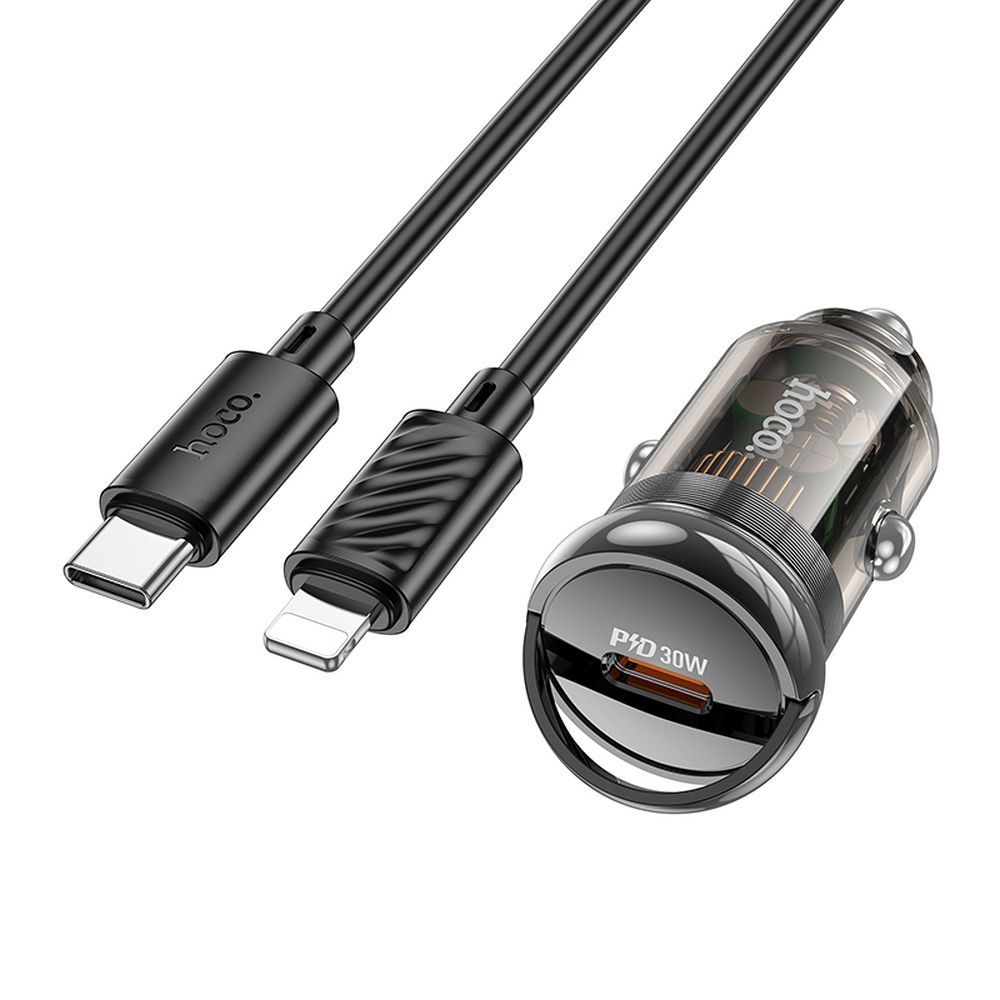 Hoco Z53 - fekete/átlátszó autós gyorstöltő, 30W + fekete Lightning / Type-C (USB-C) kábel (1m)