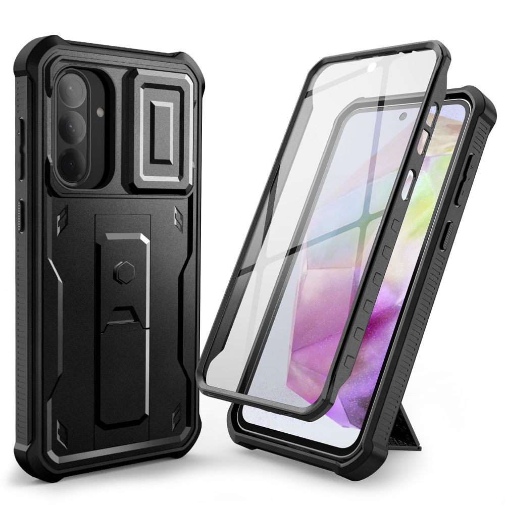 Telefontok Samsung Galaxy A36 5G - Tech- Protect Kevlar Pro- átlátszó előlap + plexi fekete hátlapi 360°-os tok , kitámasztható