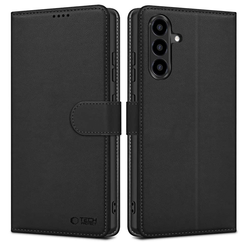 Samsung Galaxy A36 5G telefontok - Tech- Protect Wallet - fekete bőr könyvtok, ráhajtófüllel ﻿