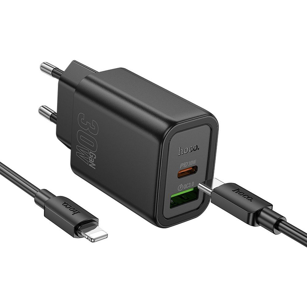 HOCO N63 - USB/Type-C (USB-C) portos fekete hálózati töltőfej 3A 30W + Type-C (USB-C) / Lightning kábel (1m)