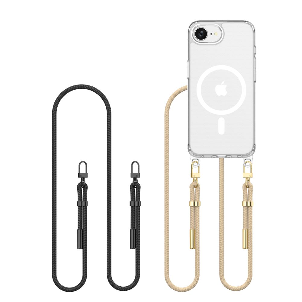 iPhone 16e telefontok - Tech-Protect Flexair Chain - MagSafe kompatibilis átlátszó műanyag hátlap tok + arany/fekete nyakba akasztó