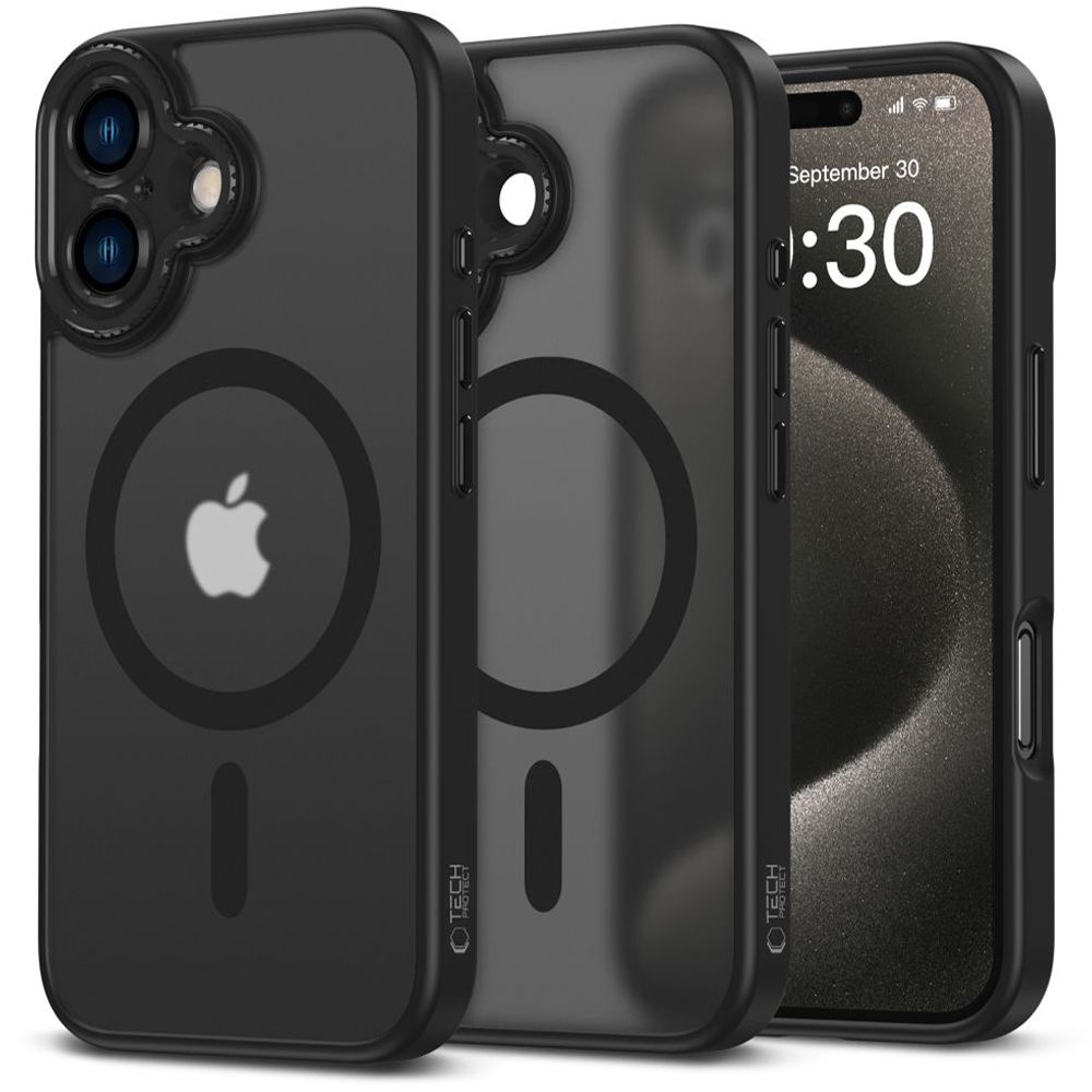 Telefontok iPhone 16 - MagSafe kompatibilis áttetsző műanyag hátlap tok, fekete szilikon kerettel, kameravédővel