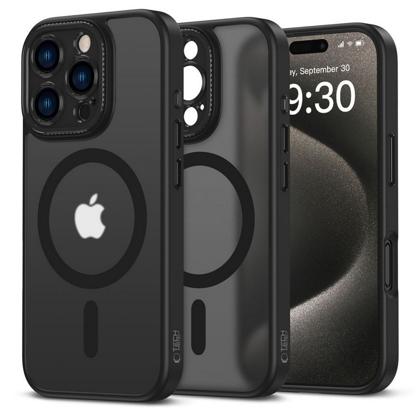 Telefontok iPhone 16 Pro - MagSafe kompatibilis áttetsző műanyag hátlap tok, fekete szilikon kerettel, kameravédővel