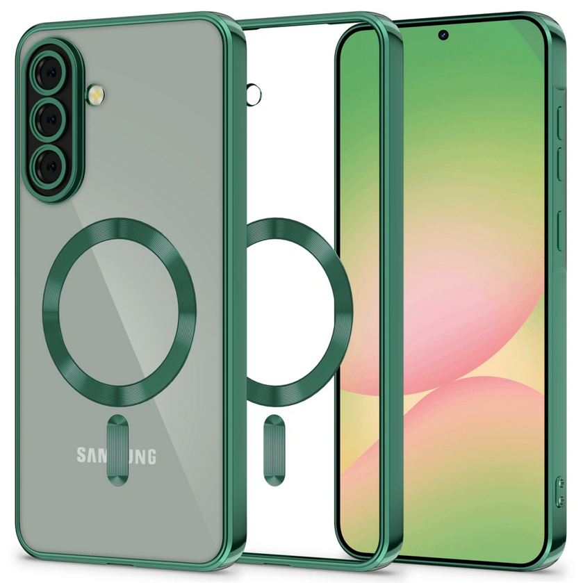 Telefontok Samsung Galaxy A56 5G - Tech-Protect Magflex - MagSafe kompatibilis átlátszó hátlap tok, dzsungel zöld szilikon kerettel