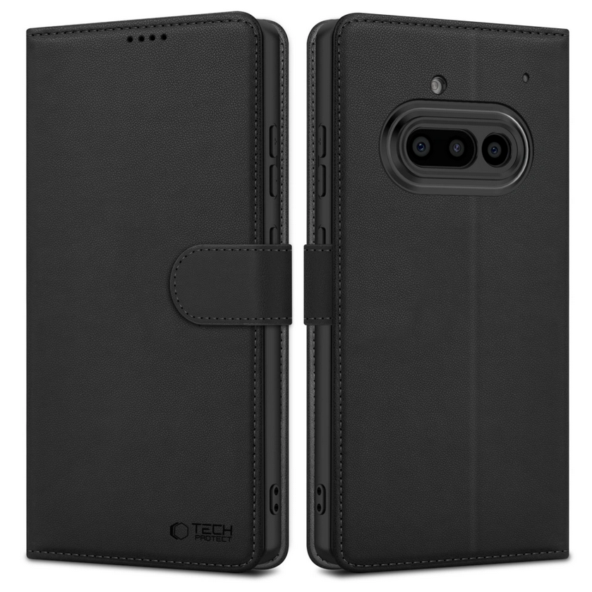 Telefontok Nothing Phone (3a) - Tech- Protect Wallet - fekete bőr könyvtok, ráhajtófüllel ﻿