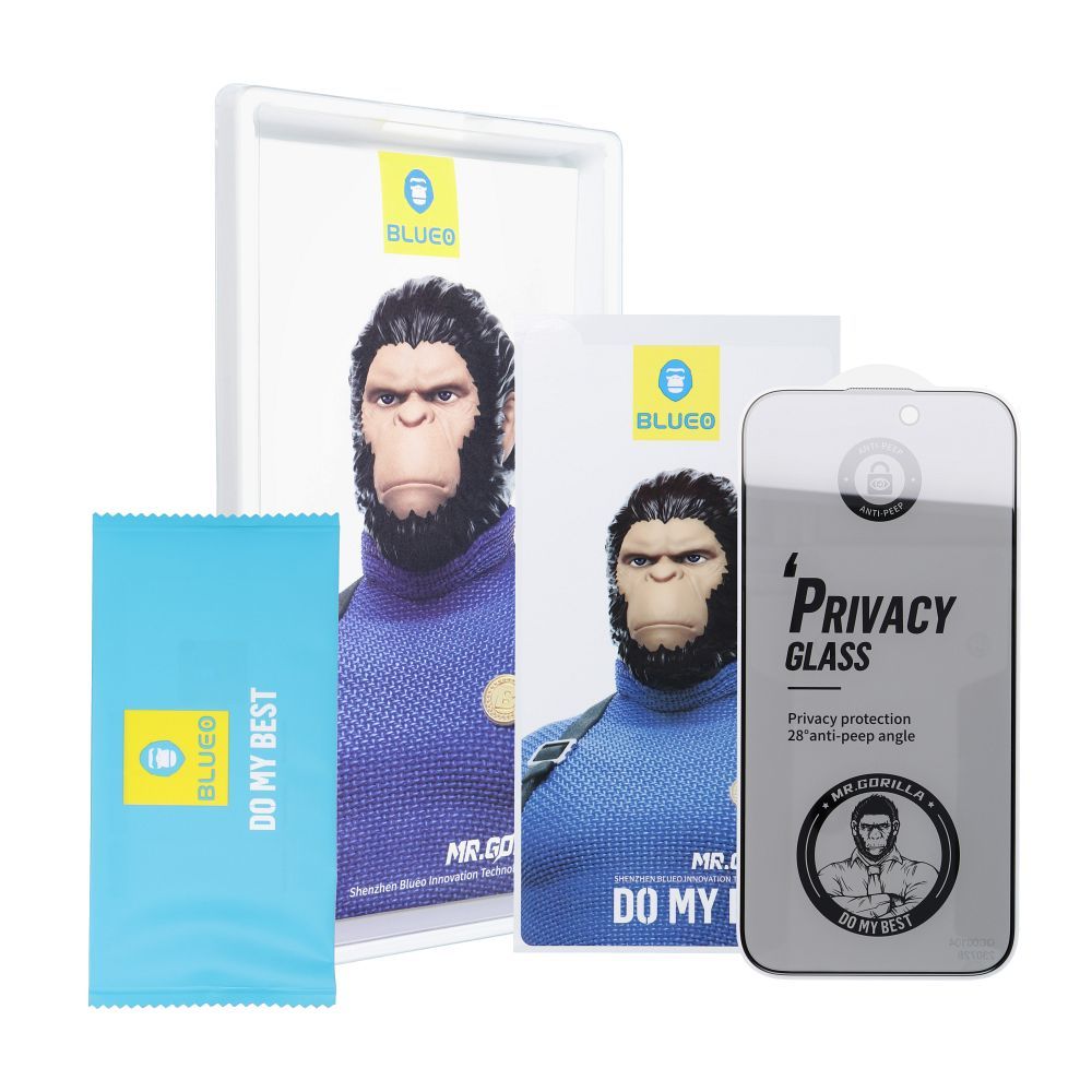 Üvegfólia iPhone 15 Pro - 5D Mr. Monkey betekintésvédő üvegfólia fekete kerettel