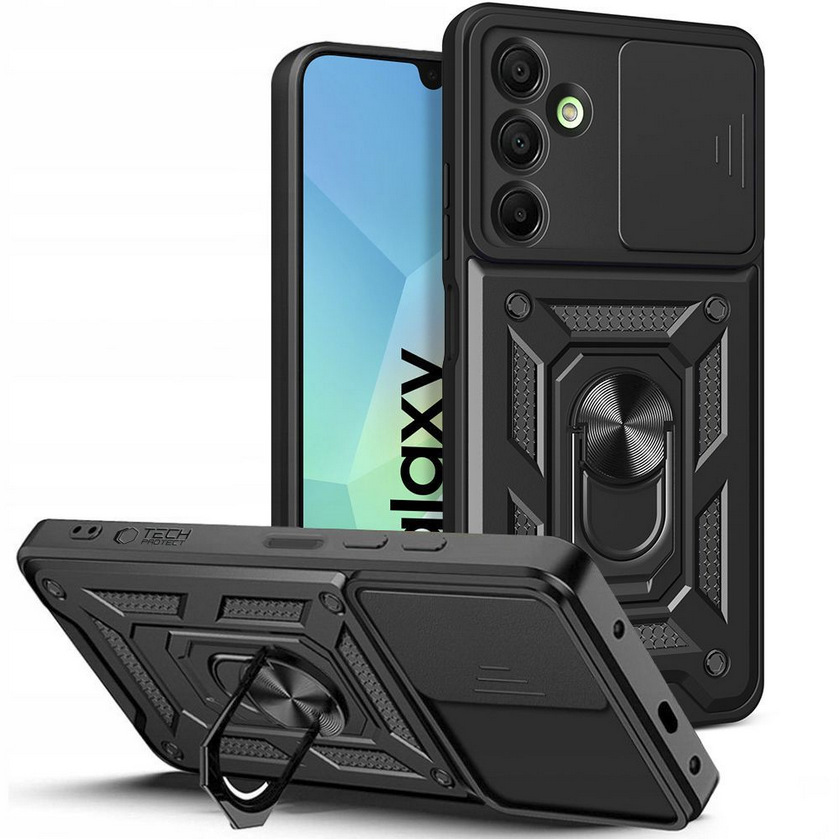 Telefontok Samsung Galaxy A26 5G - Camshield - fekete szilikon tok, kitámasztó ujjgyűrűvel, csúsztatható kameravédővel