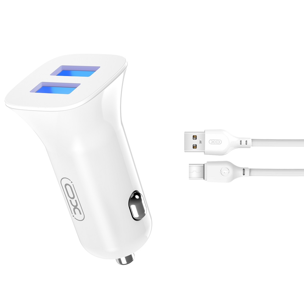 XO TZ10 autós töltő - fehér szivartöltőfej 2,4A + USB / MicroUSB fehér kábel, 1m