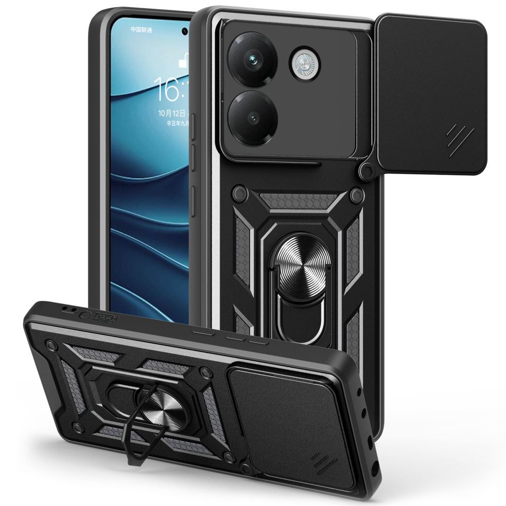 Telefontok Xiaomi Poco M7 Pro 5G - Camshield - fekete szilikon tok, kitámasztó ujjgyűrűvel, csúsztatható kameravédővel