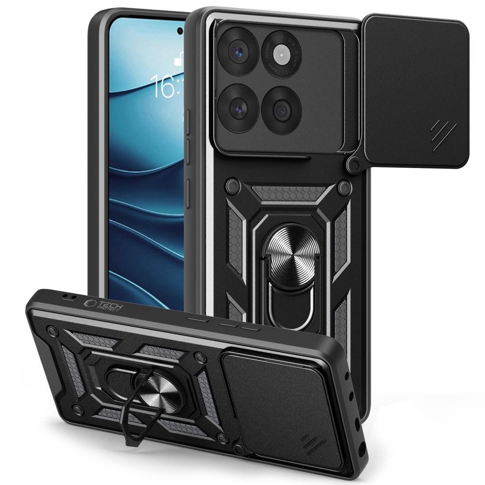 Motorola Edge 60 Fusion 5G telefontok - Camshield - fekete szilikon tok, kitámasztó ujjgyűrűvel, csúsztatható kameravédővel